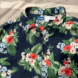 Old Navy Men's Tropical Floral Button Down Shirt - Navy and Red